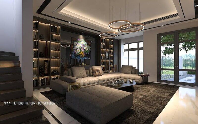 Thiết kế nội thất phòng khách ấn tượng với phong cách hiện đại sang trọng cùng sắc trầm chủ đạo.