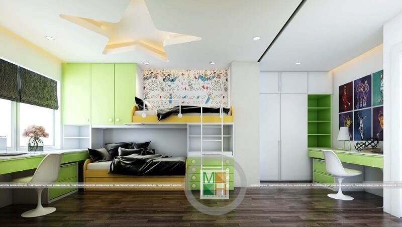 Mẫu thiết kế giường tầng hiện đại được ưa chuộng bởi sự phù hợp với phòng ngủ trẻ con chung cư có diện tích hạn chế, giúp không gian căn phòng trở nên thoáng mát hơn.